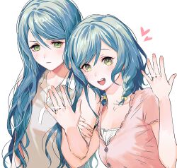 Rule 34 | 2girls, :d, aqua hair, arm grab, bang dream!, blush, bow, braid, breasts, cardigan, closed mouth, collarbone, collared shirt, commentary, glint, green eyes, grey shirt, hair between eyes, hair bow, hands up, heart, highres, hikawa hina, hikawa sayo, incest, jewelry, long hair, looking at viewer, medium breasts, medium hair, multiple girls, open mouth, parted bangs, pink cardigan, ring, shirt, short sleeves, siblings, simple background, sisters, sleeveless, sleeveless shirt, smile, spoken heart, teeth, twin braids, twincest, twins, upper body, upper teeth only, wedding ring, white background, wife and wife, yellow bow, yuri, zihacheol