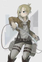 Rule 34 | 1girl, annie leonhart, blonde hair, blue eyes, cable, cropped jacket, dual wielding, folded ponytail, harness, holding, hood, hoodie, jacket, leather, leather jacket, shingeki no kyojin, short hair, solo, sword, three-dimensional maneuver gear, weapon, yuuho