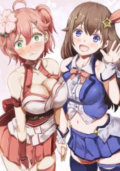 Rule 34 | 2girls, ahoge, armband, armpits, asymmetrical docking, bare shoulders, belt, belt buckle, blue eyes, blush, breast press, breasts, brown hair, buckle, cherry blossoms, cleavage, cleavage cutout, closed mouth, clothing cutout, detached sleeves, flower, green eyes, hair ornament, hairclip, hand up, holding hands, hololive, large breasts, long hair, looking at viewer, medium breasts, medium hair, midriff, miniskirt, multiple girls, navel, nontraditional miko, open hand, open mouth, pink hair, sakura miko, sakura miko (old design), skirt, thighhighs, tokino sora, tokino sora (1st costume), virtual youtuber, yohane, zettai ryouiki