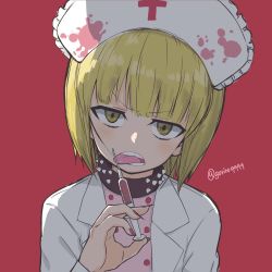 Rule 34 | 1girl, :p, alternate costume, black collar, blonde hair, blunt bangs, blush, coat, collar, commentary, cutlass (girls und panzer), frown, girls und panzer, half-closed eyes, hat, head tilt, highres, holding, holding syringe, lab coat, licking, light blush, looking at viewer, nail polish, nurse, nurse cap, one-hour drawing challenge, open mouth, pink shirt, polka dot, polka dot shirt, red background, shirt, short hair, solo, spiked collar, spikes, syringe, tongue, tongue out, twitter username, upper body, v-shaped eyebrows, white coat, white hat, yabai gorilla, yellow eyes
