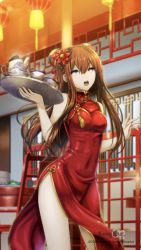 Rule 34 | 1girl, absurdres, alternate costume, architecture, braid, breasts, brown hair, china dress, chinese clothes, copyright name, covered navel, cowboy shot, cup, double bun, dress, east asian architecture, flower, hair flower, hair ornament, highres, huke, lantern, long hair, looking at viewer, makise kurisu, medium breasts, official art, open mouth, restaurant, side slit, grey eyes, solo, standing, steins;gate, sweatdrop, teacup, teapot, tray, watermark