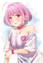 Rule 34 | 1girl, absurdres, ahoge, bad id, bad pixiv id, bare shoulders, blue hair, blush, breasts, collar, earrings, fang, hair intakes, heart, heart on chest, highres, idolmaster, idolmaster cinderella girls, jewelry, lock, looking at viewer, medium breasts, multicolored hair, open mouth, pill earrings, pink eyes, pink hair, ring, senbei no kakera, shirt, short hair, short sleeves, simple background, skeleton print, solo, t-shirt, two-tone hair, upper body, white shirt, wristband, yumemi riamu