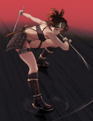 Rule 34 | 1girl, action, alternate costume, armor, ayame (tenchuu), back cutout, backless outfit, black panties, braid, breasts, brown hair, clothing cutout, commentary, constricted pupils, dual wielding, dust cloud, english commentary, feguimel, fighting stance, fishnet sleeves, fishnet top, fishnets, forehead protector, full body, greaves, highres, holding, holding sword, holding weapon, holster, japanese armor, kunai, kunoichi, motion blur, ninja, ninjatou, panties, reverse grip, sandals, scabbard, serious, sheath, short hair, short sword, small breasts, solo, speed lines, strapless, sword, tantou, tenchuu, thigh holster, thigh strap, tube top, underwear, weapon