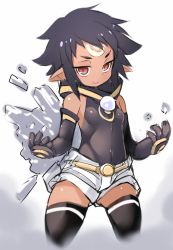 Rule 34 | &gt;:), 1girl, bare shoulders, black gloves, black hair, black leotard, black thighhighs, breasts, character request, closed mouth, covered navel, cowboy shot, cropped legs, dark-skinned female, dark skin, elbow gloves, gloves, gluteal fold, karukan (monjya), leotard, leotard under clothes, pointy ears, red eyes, shinrabanshou, short shorts, shorts, small breasts, smile, solo, thighhighs, v-shaped eyebrows, white shorts