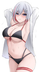 Rule 34 | 1girl, absurdres, armpits, arms up, bare shoulders, bikini, black bikini, blue eyes, breasts, commentary, commentary request, cowboy shot, grey hair, grin, highres, honkai: star rail, honkai (series), large breasts, looking at viewer, multicolored hair, namikare, off shoulder, parted lips, red hair, short hair, simple background, smile, solo, standing, streaked hair, sweat, swimsuit, thigh strap, thighs, topaz (honkai: star rail), white background