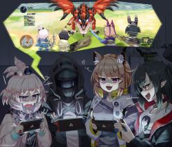 Rule 34 | 1other, 4girls, absurdres, animal ear fluff, animal ears, arknights, battle, black hair, black jacket, black nails, brown hair, cat ears, closure (arknights), commentary, doctor (arknights), dragon, fang, handheld game console, heart, heart-shaped pupils, highres, holding, holding handheld game console, indoors, jacket, kal&#039;tsit (arknights), kirara (arknights), monster hunter (series), multiple girls, nintendo switch, open mouth, pink jacket, playing games, pointy ears, purple eyes, rathalos, red eyes, rhodes island logo (arknights), short hair, skin fang, sleepyowl (jobkung15), symbol-shaped pupils, utage (arknights)