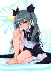 Rule 34 | 10s, 1girl, anchovy (girls und panzer), bare legs, barefoot, black cape, black necktie, black ribbon, black skirt, cape, closed mouth, clothes pull, collared shirt, feet, floral background, full body, geregere (lantern), girls und panzer, green hair, hair ribbon, highres, knee up, long hair, long sleeves, miniskirt, necktie, pantyhose, pantyhose pull, ribbon, shirt, sitting, skirt, smile, solo, toes, tsurime, twintails, white pantyhose, white shirt, wing collar