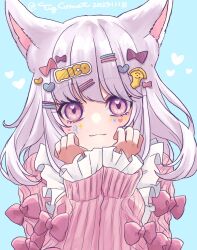 Rule 34 | 1girl, :3, animal ears, apron, arm ribbon, cat ears, chigu (tigcomet), eyebrows hidden by hair, feet out of frame, final fantasy, final fantasy xiv, hair ornament, hairclip, head rest, heart, heart tattoo, highres, light smile, long hair, looking at viewer, miqo&#039;te, pink eyes, pink hair, pink sweater, ribbon, signature, simple background, solo, sweater, tattoo, upper body, very long hair, warrior of light (ff14), white apron