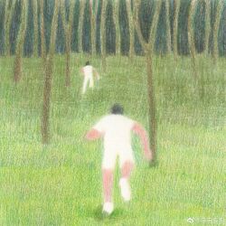 Rule 34 | 2boys, abstract, absurdres, bare tree, dagou (yuzhou fei gou), faceless, faceless male, fleeing, from behind, full body, grass, highres, male focus, multiple boys, original, painterly, perspective, running, short hair, tree