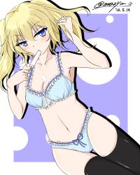 Rule 34 | 1girl, blonde hair, blue background, blue eyes, blush, bra, breasts, cleavage, collarbone, dated, dripping, eyes visible through hair, food, food in mouth, food on body, frilled bra, frilled panties, frills, gluteal fold, hand in own hair, highleg, highleg panties, highres, looking at viewer, medium breasts, mozya, nasuhara anastasia, navel, onii-chan dakedo ai sae areba kankeinai yo ne, panties, popsicle, sideboob, signature, solo, thigh gap, thighhighs, twintails, two-tone background, underwear, white background