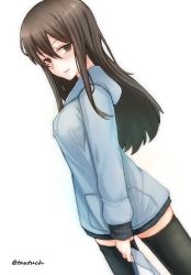 Rule 34 | 10s, 1girl, black thighhighs, blue dress, blurry, blush, brown eyes, brown hair, casual, commentary, drawstring, dress, dutch angle, from side, girls und panzer, highres, holding, hood, hoodie, light blush, lips, long hair, looking at viewer, looking back, mika (girls und panzer), no headwear, one-hour drawing challenge, parted lips, short dress, simple background, smile, solo, standing, tacch, thighhighs, twitter username, white background