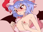 Rule 34 | animated, bare shoulders, bat wings, blinking, blue hair, blush, bouncing breasts, breasts, collarbone, looking down, masturbation, meidoinnore, meow25meow, monochrome background, nipple stimulation, nipple tweak, nipples, no bra, open clothes, open mouth, pink background, red eyes, remilia scarlet, short hair, simple background, small breasts, sweat, touhou, video, wings