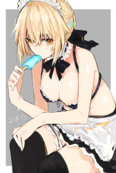 Rule 34 | apron, artoria pendragon (all), artoria pendragon (alter swimsuit rider) (fate), artoria pendragon (alter swimsuit rider) (second ascension) (fate), artoria pendragon (fate), bikini, blonde hair, border, braid, breasts, choker, cleavage, dated, fate/grand order, fate (series), food, french braid, garter straps, grey background, hair between eyes, lace, lace choker, looking at viewer, maid, maid bikini, maid headdress, medium breasts, moonlaw, outside border, popsicle, saber alter, sketch, swimsuit, thighhighs, unconventional maid, wet, white border, yellow eyes
