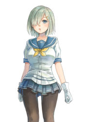 Rule 34 | 10s, 1girl, black pantyhose, blue eyes, breasts, female focus, gloves, hair ornament, hair over one eye, hairclip, hamakaze (kancolle), kantai collection, kemi neko, large breasts, looking at viewer, matatabi (natur umwelt), open mouth, pantyhose, school uniform, serafuku, short hair, silver hair, simple background, skirt, solo, white background, white gloves