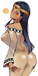 Rule 34 | 1girl, :o, ass, bare shoulders, black hair, blush, breasts, circlet, dark-skinned female, dark skin, egyptian, flying sweatdrops, from behind, gem, gold, hair tubes, heart, highres, ishizu ishtar, jewelry, large breasts, long hair, long sleeves, looking at viewer, looking back, mibry (phrysm), neck ring, no bra, no panties, nose blush, purple hair, see-through, see-through silhouette, simple background, solo, spoken blush, white background, yu-gi-oh!, yu-gi-oh! duel monsters