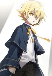 Rule 34 | 1boy, bandage over one eye, black pants, blonde hair, blue capelet, blue jacket, capelet, fortissimo, jacket, looking at viewer, male focus, minahoshi taichi, neck ribbon, oliver (vocaloid), pants, parted lips, ribbon, shirt, signature, spotlight, untucked shirt, upper body, vocaloid, white shirt, yellow eyes, yellow ribbon