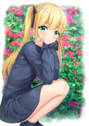 Rule 34 | 1girl, 7fuji 06, blonde hair, blush, bush, commentary, dress, flower, green eyes, hair ribbon, hands on own cheeks, hands on own face, highres, long hair, long sleeves, looking at viewer, original, outdoors, ribbon, sleeves past wrists, smile, solo, squatting, twintails