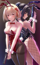 2girls animal_ears back-to-back black_hair black_leotard blonde_hair bob_cut breasts cleavage detached_collar fake_animal_ears fake_tail fishnet_pantyhose fishnets gun hair_ribbon handgun highres holding holding_gun holding_weapon inoue_takina leotard long_hair looking_at_viewer lycoris_recoil m1911 medium_breasts multiple_girls nishikigi_chisato pantyhose playboy_bunny ponytail purple_eyes rabbit_ears rabbit_tail red_eyes red_leotard red_ribbon ribbon s&amp;w_m&amp;p short_hair silver_bullet_(ecc12_8) smile strapless strapless_leotard tail teamwork weapon wrist_cuffs