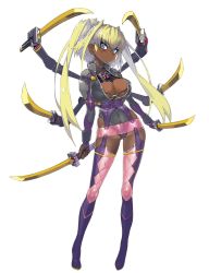 Rule 34 | 00s, 1girl, blonde hair, blue eyes, breasts, cleavage, dark skin, dark-skinned female, covered erect nipples, extra arms, female focus, full body, highres, holding, holding sword, holding weapon, katana, large breasts, leotard, looking at viewer, mechanical arms, namaniku atk, solo, sword, taimanin (series), taimanin asagi, taimanin asagi kessen arena, thighhighs, twintails, weapon, yomi akitsu