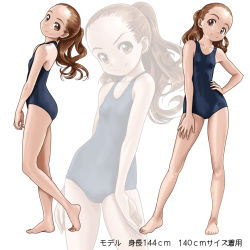 Rule 34 | 1girl, ass, barefoot, blue one-piece swimsuit, brown eyes, brown hair, collarbone, commentary request, contrapposto, dot nose, forehead, from side, full body, hand on own hip, hand on own thigh, head tilt, legs, long hair, looking at viewer, looking to the side, multiple views, one-piece swimsuit, original, rohitsuka, school swimsuit, simple background, smile, solo focus, swimsuit, toes, white background