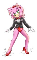 Rule 34 | 1girl, 2016, amortem-kun, amy rose, black jacket, blush, bow, bowtie, breasts, buttons, commission, dancing, dress shirt, eyelashes, eyeliner, furry, furry female, gloves, green eyes, hairband, high heels, highres, jacket, large breasts, leotard, looking at viewer, makeup, pink fur, red bow, red bowtie, red footwear, red hairband, red leotard, seductive smile, shiny clothes, shiny footwear, shirt, smile, sonic (series), sound effects, suit jacket, white gloves, white shirt