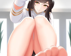 Rule 34 | 1girl, animal ears, atago (azur lane), azur lane, bare legs, barefoot, black hair, blush, breasts, brown eyes, closed mouth, commentary request, day, extra ears, gloves, hair ribbon, half-closed eyes, highres, indoors, large breasts, long hair, long sleeves, looking at viewer, military, military uniform, mole, mole under eye, nekoda (maoda), reaching, reaching towards viewer, revision, ribbon, sitting, smile, solo, swept bangs, toes, uniform, white gloves, white ribbon