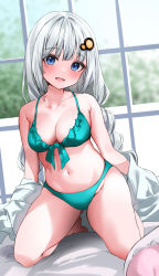 Rule 34 | 1girl, :d, absurdres, aqua bikini, azumake (azumakei), bare shoulders, bed sheet, bikini, blue eyes, blush, braid, breasts, cleavage, collarbone, frilled bikini, frills, full body, gluteal fold, hair ornament, highres, indoors, kizuna akari, kneeling, long hair, looking at viewer, medium breasts, navel, off shoulder, on bed, open mouth, smile, solo, star (symbol), stomach, swimsuit, twin braids, undressing, very long hair, vocaloid, voiceroid, window