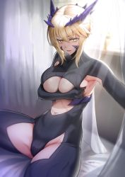 Rule 34 | 1girl, absurdres, arm under breasts, armpit cutout, armpits, artoria pendragon (fate), artoria pendragon (lancer alter) (fate), backlighting, black bodysuit, blonde hair, bodysuit, braid, breasts, center opening, clothing cutout, curtains, dark persona, fate/grand order, fate (series), french braid, hair between eyes, highres, horns, large breasts, long hair, navel, open mouth, revealing clothes, revision, ribbed bodysuit, sidelocks, sitting, smile, solar (happymonk), thighs, underboob, window, yellow eyes