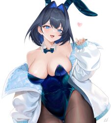 Rule 34 | 1girl, absurdres, alternate costume, animal ears, areola slip, black hair, black pantyhose, blue bow, blue bowtie, blue eyes, blue hair, blue leotard, blush, bow, bowtie, breasts, colored inner hair, commentary, detached collar, english commentary, fake animal ears, fang, fangs, hair between eyes, hair intakes, hand up, heart, highleg, highleg leotard, highres, hololive, hololive english, jacket, large breasts, leon decarabia, leotard, long sleeves, looking at viewer, medium hair, mole, mole on breast, multicolored hair, off shoulder, open clothes, open jacket, open mouth, ouro kronii, pantyhose, playboy bunny, puffy long sleeves, puffy sleeves, rabbit ears, signature, simple background, skin fangs, sleeves past wrists, smile, solo, strapless, strapless leotard, thigh gap, tongue, two-tone hair, v-shaped eyebrows, virtual youtuber, white background, white jacket