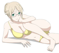 Rule 34 | 10s, 1girl, arm support, bad feet, barefoot, bikini, blonde hair, breasts, cleavage, glasses, green eyes, hair up, hand on own cheek, hand on own face, inu x boku ss, knee to chest, large breasts, lying, navel, on side, shadow, solo, swimsuit, thigh gap, thighs, yoshida keiji, yukinokouji nobara