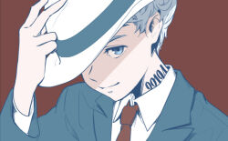Rule 34 | 1boy, awarin, blue eyes, blue suit, closed mouth, collared shirt, formal, looking at viewer, male focus, neck tattoo, necktie, norman (yakusoku no neverland), number tattoo, one eye covered, red background, red necktie, shirt, solo, suit, tattoo, white hair, white headwear, white shirt, yakusoku no neverland