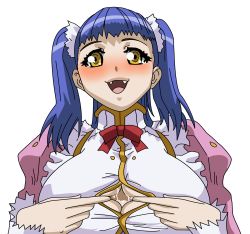 Rule 34 | 00s, black background, blue hair, blush, breasts, chuiru, cum, fangs, choujuushin gravion, highres, large breasts, long hair, maid, open mouth, smile, tulie, twintails, yellow eyes