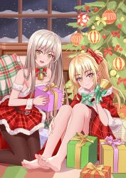 Rule 34 | 2girls, absurdres, barefoot, bell, blonde hair, blush, box, christmas, christmas tree, feet, gift, gift box, highres, long hair, looking at viewer, multiple girls, night, night sky, open mouth, original, pantyhose, santa costume, silver hair, sky, smile, snow, soles, toes, window, yellow eyes
