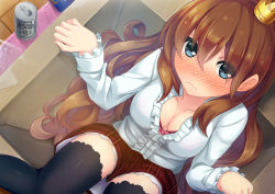 Rule 34 | 1girl, alcohol, asahi beer, asahi breweries, beer, beer can, black thighhighs, blue eyes, blush, bow, bow bra, bra, breasts, brown hair, can, cleavage, crown, downblouse, drink can, from above, full-face blush, in container, long hair, looking at viewer, mini crown, original, pink bra, plaid, plaid skirt, skirt, solo, sorano (12gou), tears, thighhighs, underwear, very long hair, wavy mouth
