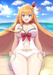 Rule 34 | 1girl, :d, ahoge, beach, bikini, blue eyes, blurry, blurry background, blush, bow, braid, breasts, camisole, cleavage, cloud, cloudy sky, collarbone, commentary request, day, flower, hair between eyes, hair flower, hair ornament, halterneck, headband, heart, highres, huge ahoge, kumagitsune, large breasts, long hair, looking at viewer, navel, ocean, open mouth, orange hair, pecorine (princess connect!), pecorine (summer) (princess connect!), princess connect!, red bow, scrunchie, side braid, sidelocks, sky, smile, solo, stomach, swimsuit, thighs, very long hair, white bikini, white camisole, white headband, wrist scrunchie