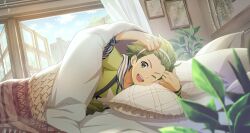 Rule 34 | 1boy, bed, bed sheet, blanket, day, fingernails, green eyes, green hair, hairband, highres, idolmaster, idolmaster side-m, idolmaster side-m growing stars, male focus, mitarai shouta, official art, one eye closed, open mouth, open window, picture frame, pillow, plant, sky, smile, teeth, third-party source, under covers, upper teeth only, window, wristband
