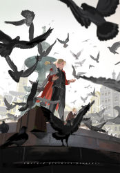 Rule 34 | 2boys, alphonse elric, animal, bird, black pants, blonde hair, brothers, cape, city, closed eyes, coat, commentary, conqueror of shambala, edward elric, emmmerald, english commentary, english text, fountain, from below, fullmetal alchemist, highres, long hair, long sleeves, looking to the side, male focus, multiple boys, open mouth, pants, pigeon, red cape, siblings, sitting, sky, smile, square, standing, suitcase, teeth, white sky, yawning, yellow eyes