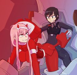 Rule 34 | 10s, 1boy, 1girl, black hair, blue eyes, breasts, commission, couple, darling in the franxx, covered erect nipples, green eyes, highres, hiro (darling in the franxx), horns, large breasts, long hair, looking back, pilot suit, pink hair, short hair, sweat, tenk, zero two (darling in the franxx)