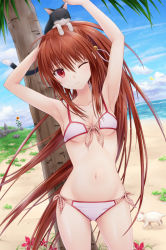 Rule 34 | 1girl, armpits, arms up, beach, bell, bikini, breasts, brown hair, cat, cleavage, cloud, collarbone, day, female focus, flower, front-tie top, highres, little busters!, long hair, looking at viewer, medium breasts, n.g., natsume rin, navel, one eye closed, outdoors, ponytail, red eyes, side-tie bikini bottom, sky, smile, solo, stomach, sunflower, swimsuit, tree, underboob, very long hair, water, white bikini, wink