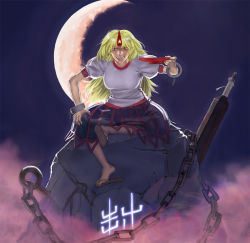 Rule 34 | 1girl, arm up, blonde hair, breasts, chain, crescent, crescent moon, cup, female focus, grin, hand on own knee, horns, hoshiguma yuugi, large breasts, long hair, moon, muhamado, red eyes, sakazuki, single horn, sitting, skirt, smile, solo, touhou