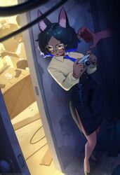 1girl 3boys animal_ear_fluff animal_ears black_footwear black_hair black_skirt blue_hair blue_necktie camera camille_rhodes_(yan_kodiac) cat_ears collared_shirt crate dark-skinned_female dark_skin glasses gun handgun highres holding holding_camera long_sleeves multiple_boys necktie open_door open_mouth shirt shirt_tucked_in short_hair skirt solo_focus standing tostantan weapon yellow_eyes yellow_shirt