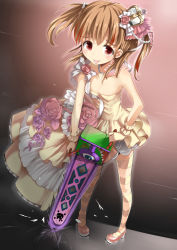 Rule 34 | 1girl, :p, amari akari, brown hair, chainsaw, crown, dress, flower, full body, girlfriend (kari), guranyto, jewelry, motion blur, multicolored hair, necklace, pearl necklace, pink rose, rose, solo, sparkle, standing, strapless, strapless dress, streaked hair, thighhighs, tongue, tongue out, twintails, yellow dress, zettai ryouiki