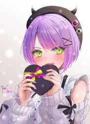 Rule 34 | 1girl, absurdres, black headwear, blush, box, cardigan, dimazu, fake horns, fang, gift, gift box, green eyes, grey cardigan, hair ornament, hairclip, hands up, highres, holding, holding box, hololive, horned headwear, horns, long sleeves, looking at viewer, multicolored hair, nail polish, open cardigan, open clothes, open mouth, pink hair, purple hair, purple nails, shirt, signature, skin fang, sleeveless, sleeveless shirt, solo, streaked hair, suspenders, tokoyami towa, upper body, virtual youtuber, white shirt, x hair ornament