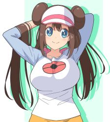 Rule 34 | 1girl, adjusting hair, arms up, blue eyes, blush, breasts, brown hair, creatures (company), double bun, game freak, hair bun, large breasts, long sleeves, low twintails, nintendo, pokemon, pokemon bw2, rosa (pokemon), shirt, shorts, smile, solo, tamezou, twintails, upper body, visor cap