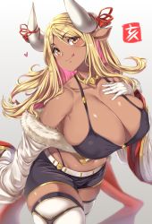 Rule 34 | 1girl, blonde hair, blush, breasts, cleavage, closed mouth, collarbone, commentary request, cowboy shot, curvy, dark-skinned female, dark skin, gloves, granblue fantasy, hair between eyes, hair ribbon, heart, highres, horns, huge breasts, kumbhira (granblue fantasy), long hair, looking at viewer, moisture (chichi), navel, pointy ears, ribbon, simple background, smile, solo, standing, tan, thick thighs, thighhighs, thighs, yellow eyes