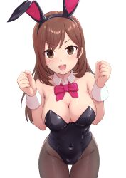 Rule 34 | 1girl, absurdres, alice gear aegis, animal ears, black leotard, black pantyhose, bow, bowtie, breasts, brown eyes, brown hair, cleavage, covered navel, detached collar, highres, hutokumi, leotard, long hair, medium breasts, pantyhose, playboy bunny, rabbit ears, red bow, red bowtie, simple background, smile, solo, strapless, strapless leotard, usamoto anna, v-shaped eyebrows, w arms, white background, wrist cuffs
