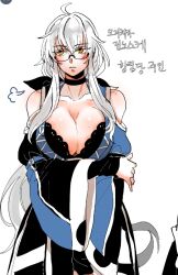 Rule 34 | 1girl, arm under breasts, bare shoulders, black kimono, blue kimono, breasts, cleavage, collarbone, cowboy shot, detached sleeves, genderswap, genderswap (mtf), glass, grey hair, japanese clothes, kimono, korean commentary, korean text, kuya (hey36253625), large breasts, long hair, looking to the side, mole, mole on breast, morichika rinnosuke, neck ribbon, parted lips, ribbon, sidelocks, simple background, sketch, solo, touhou, translation request, very long hair, white background, wide sleeves, yellow eyes
