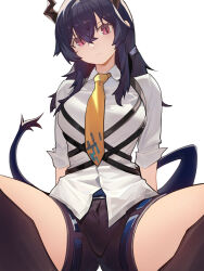 Rule 34 | &gt;:(, 1girl, arknights, black shorts, blue hair, boots, breasts, ch&#039;en (arknights), distr, dragon horns, dragon tail, frown, hair between eyes, highres, horns, long bangs, looking at viewer, medium breasts, necktie, red eyes, shirt, shorts, sitting, solo, tail, thighs, v-shaped eyebrows, white background, white shirt, yellow necktie