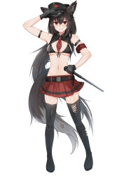 Rule 34 | 1girl, absurdres, animal ear fluff, animal ears, arm strap, baton (weapon), belt, bikini, black bikini, black footwear, black hair, black hat, blush, boots, braid, breasts, commentary request, expandable baton, fox ears, fox girl, fox tail, grin, hair between eyes, hat, highres, holding, hololive, kurokami fubuki, long hair, looking at viewer, medium breasts, micon, navel, peaked cap, pentagram, pleated skirt, ponytail, red eyes, red skirt, sidelocks, simple background, single braid, skirt, smile, solo, swimsuit, tail, thigh boots, virtual youtuber, weapon, white background