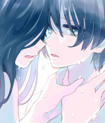 Rule 34 | 2girls, bare arms, blue eyes, blue hair, close-up, commentary request, crying, crying with eyes open, hands on another&#039;s neck, long hair, looking at another, multiple girls, original, parted lips, short hair, sou (tuhut), tears, upper body, yuri